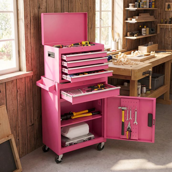 2-in-1 Rolling Tool Chest with 5 Sliding Lockable Drawers, Tool Storage Cabinets