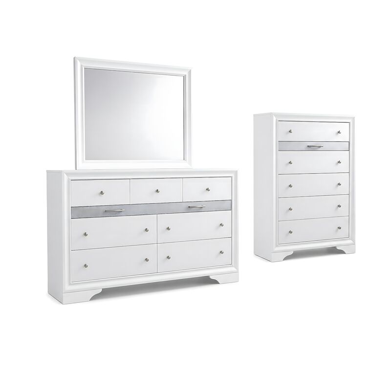 Cevy 5pc Queen Bedroom Set, 2 Nightstands, Silver Accents, White Wood image number 4