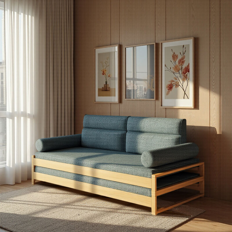 Fabric Linen Double-Deck Sofa Bed with Wooden Frame for Living Room & Bedroom 82.67" Blue