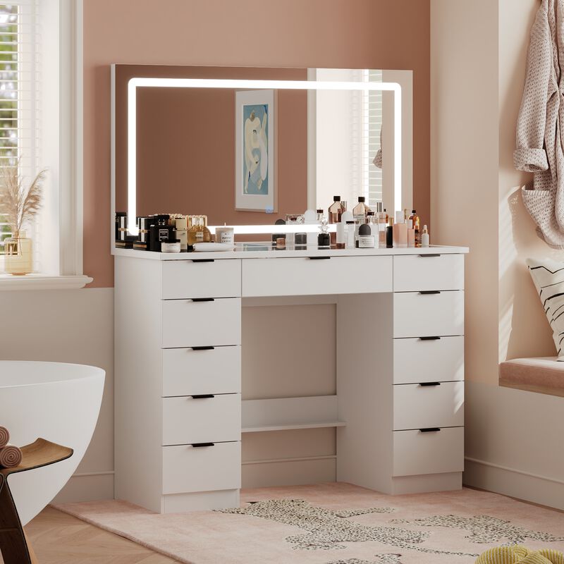 FUFU&GAGA White Vanity Desk with 3 Color Lighting Modes and Glass Top, 11 Drawers for Storage (43" W x 15" D x 55" H), White