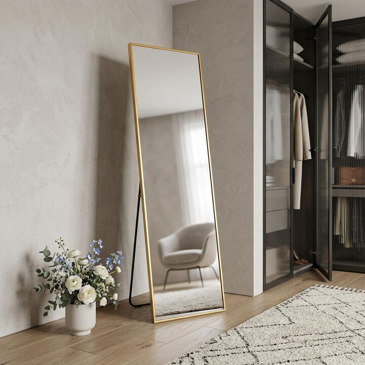 HomeRoots 64" Gold Aluminum Freestanding And Wall Mounted Framed Full Length Mirror