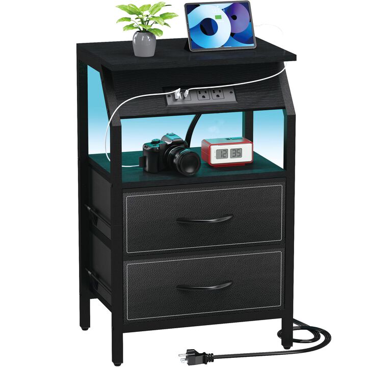 SZLHANJZ End Table with Light, LED Nightstand with 2 Drawers and Type C Charging Station, Small Fabric Dresser for Bedside, Stor