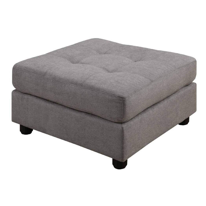 Transitional Fabric & Wood Ottoman With Subtle Tufting, Gray-Benzara
