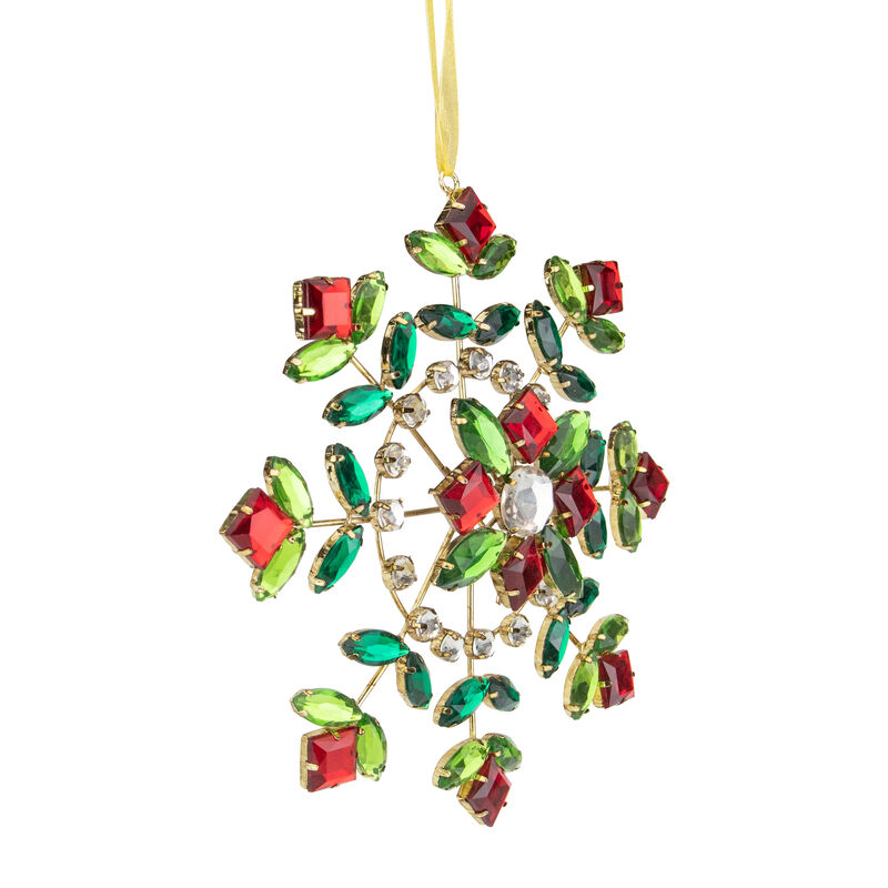6.5" Green and Red Gem Stone Flowers Snowflake Christmas Ornament image number 2
