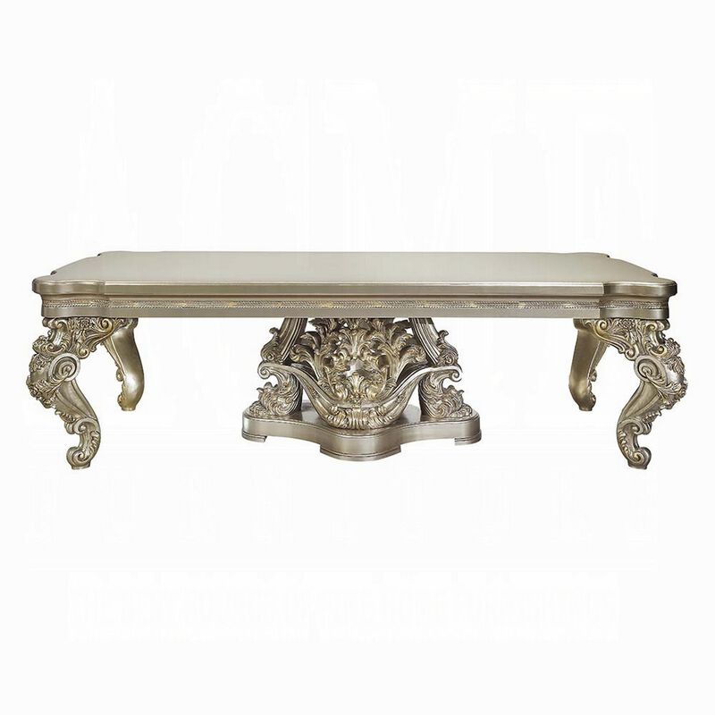 Mas Dining Table, Classical Carved Design, Champagne Gold, 110 Inch