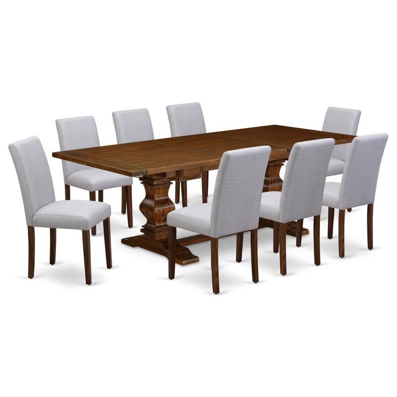 East West Furniture LAAB9-88-05 9Pc Dining Table Set Consists of a Dinette Table and 8 Parson Dining Chairs with Light Sable Color Linen Fabric, Medium Size Table with Full Back Chairs, Distressed Jac