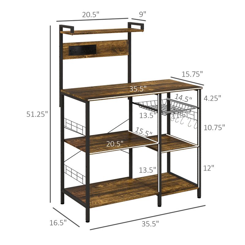 Kitchen Bakers Storage Rack with Charge Station, Industrial Microwave Stand with Adjustable Shelf, 5 Hooks, Wire Basket