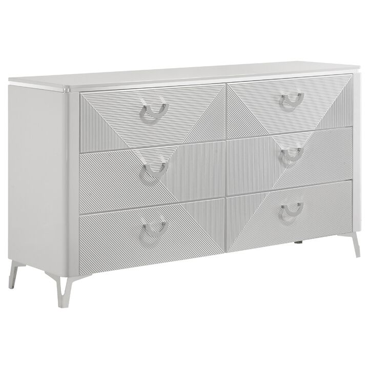 Ivana 63 Inch Wide Dresser with 6 Drawers, Geometric Front, White Wood