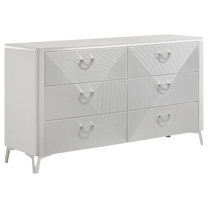 Ivana 63 Inch Wide Dresser with 6 Drawers, Geometric Front, White Wood image number 0