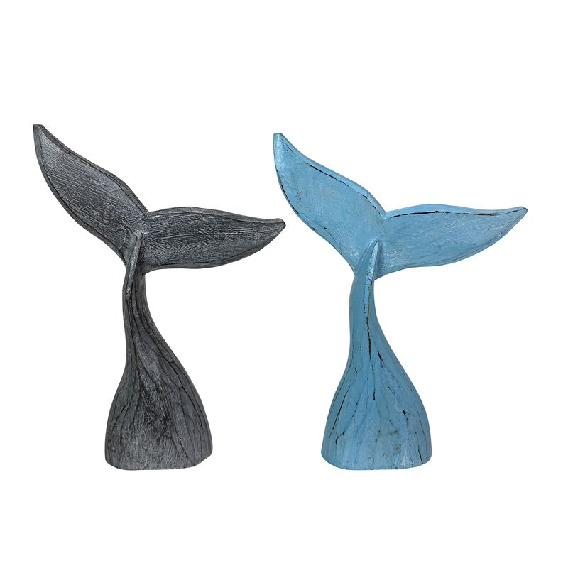 Wood Whale Tail Statues Set Of 2 Coastal Blue Gray 1575 In Decor image number 3