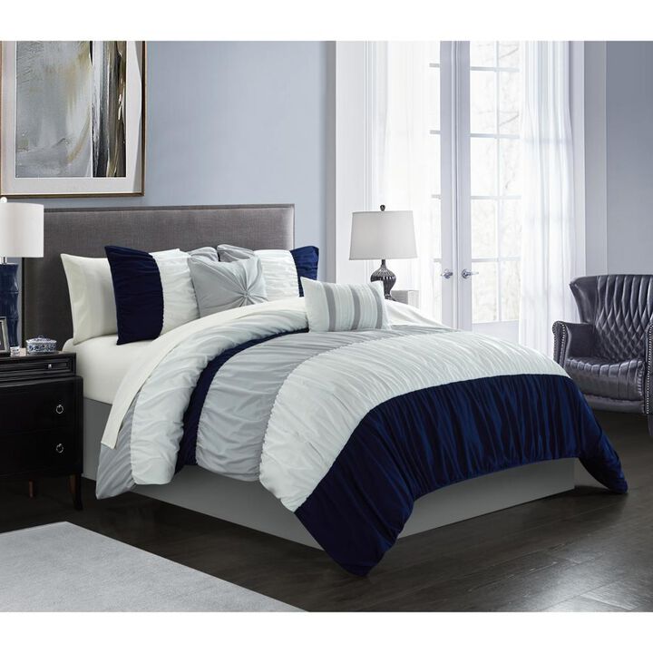 Chic Home Fay Comforter Set Ruched Color Block Design Bed In A Bag Navy, Queen