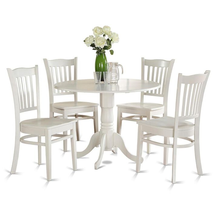 East West Furniture 5 Piece Kitchen Table & Chairs Set Includes a Round Dining Room Table with Dropleaf and 4 Dining Chairs, 42x42 Inch, Linen White