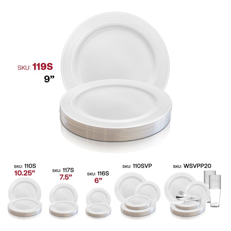 9" White with Silver Edge Rim Plastic Buffet Plates (60 Plates) image number 5