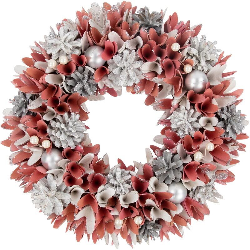 13" Pink and White Wooden Floral Christmas Wreath with Pinecones image number 1
