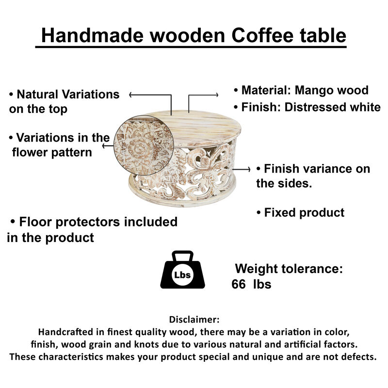 Alina Coffee Table Handcrafted Mango Wood Floral Carved Cut Out Design Distressed White Finish 33 Inch