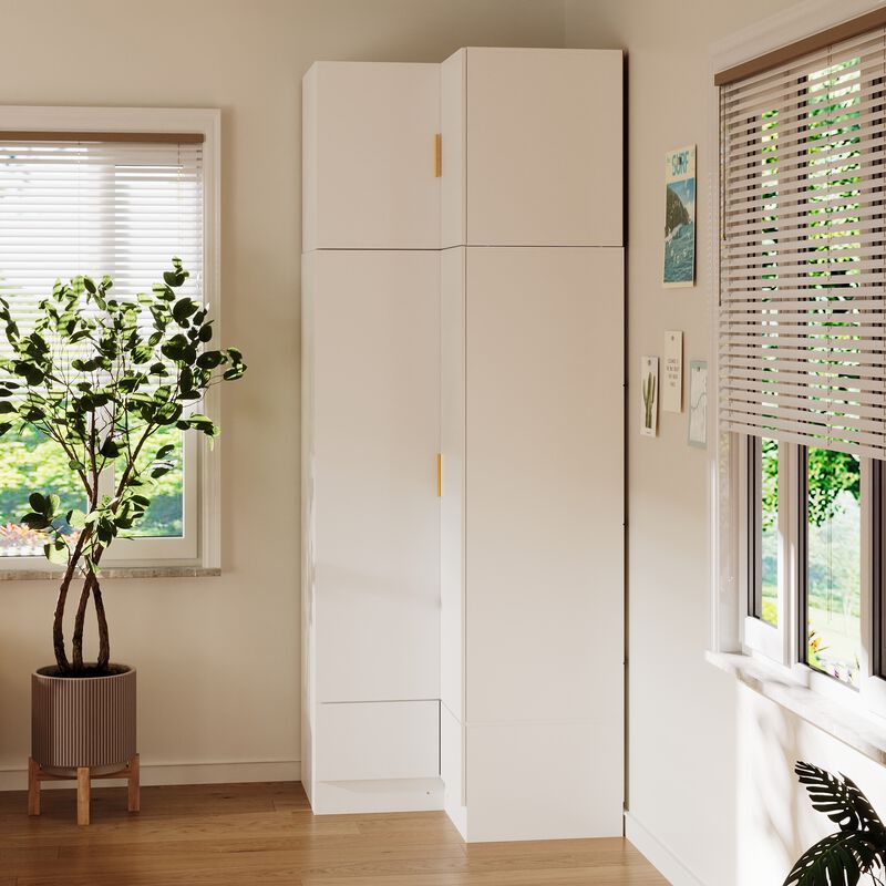FUFU&GAGA Modern White L-Shaped Wardrobe with Large Storage, Doors & Top Cabinets with Golden Handles, Drawers, PB with Laminate Finish (35.4 in. W x 35.4 in. D x 94.5 in. H)