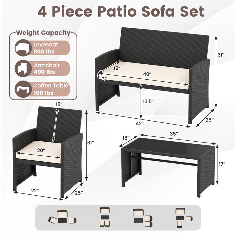 Outdoor 4 Piece Patio Furniture Set with Removable Cushions and Tempered Glass Table Top image number 2