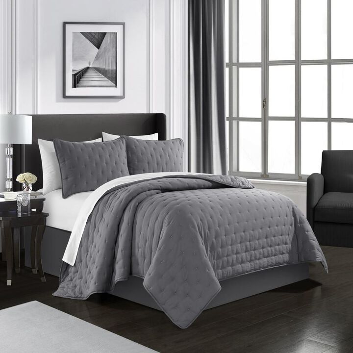 Chic Home Chyle Tufted Cross Stitched Design Bedding Quilt Set - King 104x90", Grey