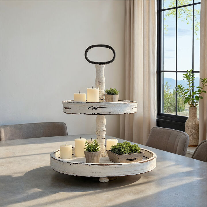 Distressed Cream Wood 2-Tier Tray with Metal Handle