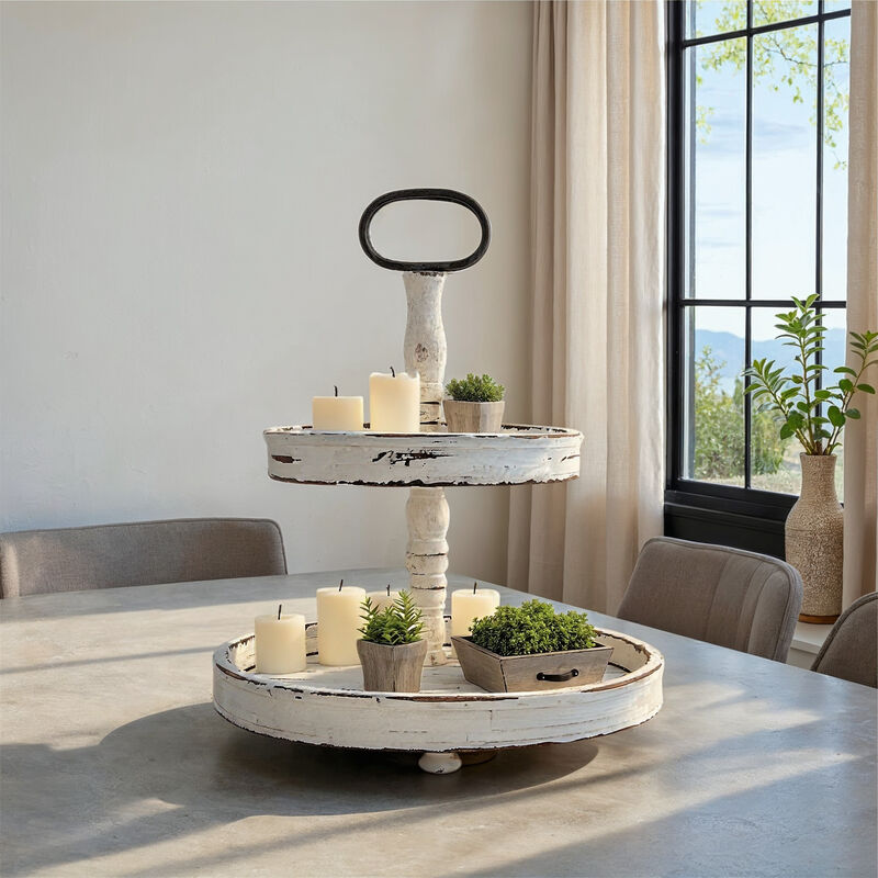 Distressed Cream Wood 2-Tier Tray with Metal Handle image number 1