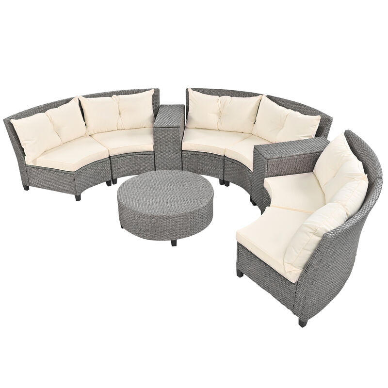 6 - Person Fan-shaped Rattan Suit Combination with Cushions and Table, Suitable for Garden