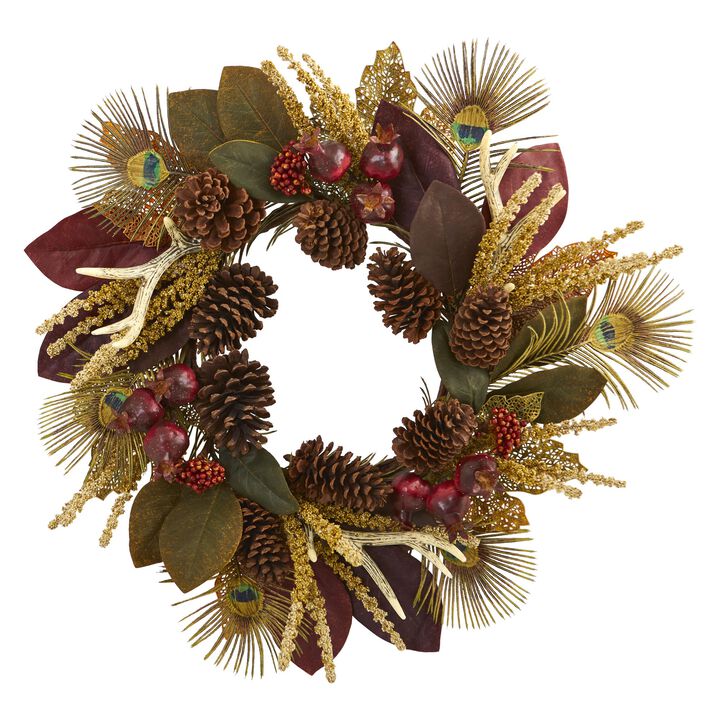 HomPlanti 27" Magnolia Leaf, Berry, Antler and Peacock Feather Artificial Wreath
