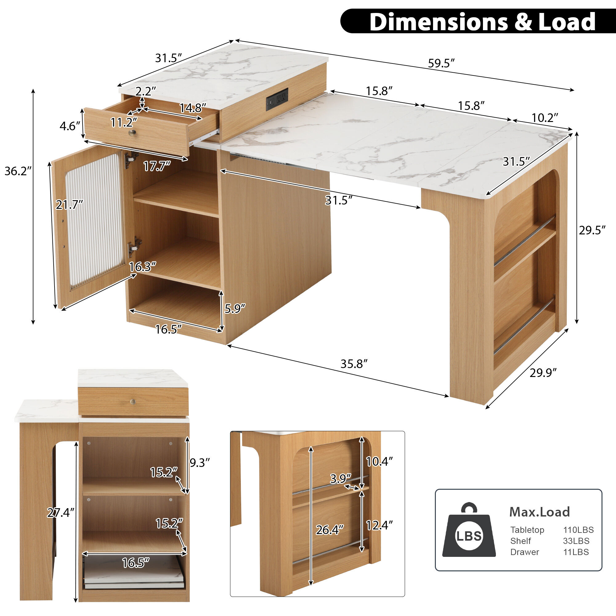 Merax Extendable Kitchen Island with Dining Table & Storage