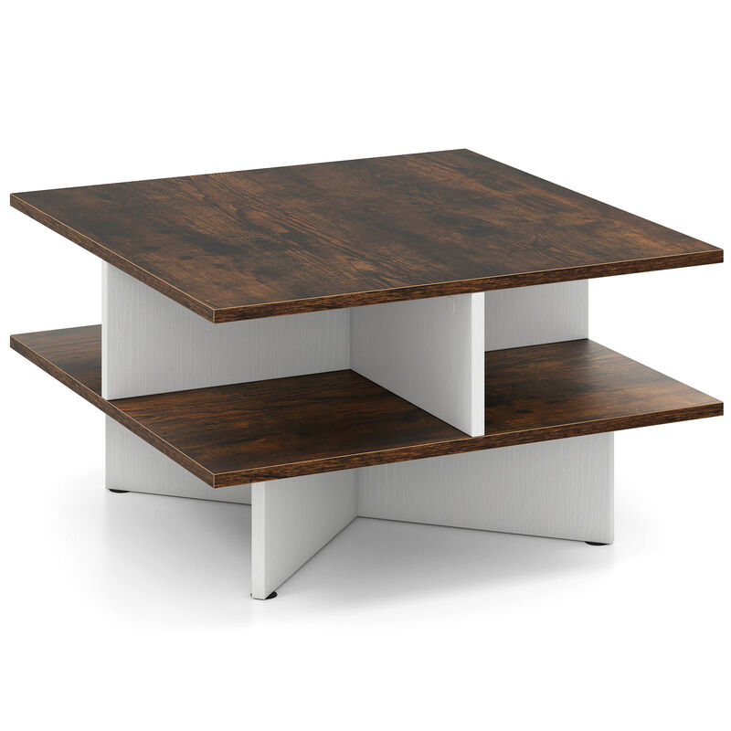 Modern 2-Tier Square Coffee Table Featuring 4 Functional Storage Compartments
