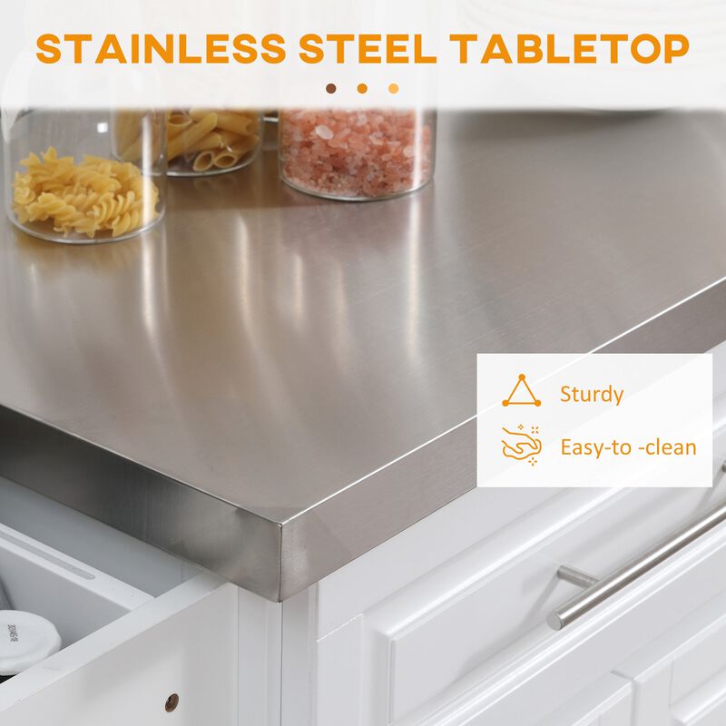 White Rolling Kitchen Island with Storage, Portable Kitchen Cart with Stainless Steel Top, 2 Drawers, Spice, Knife and Towel Rack
