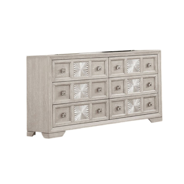 Diaz Wide Dresser, 6 Drawers, Sunburst Metal Design, Light Gray Wood - Benzara