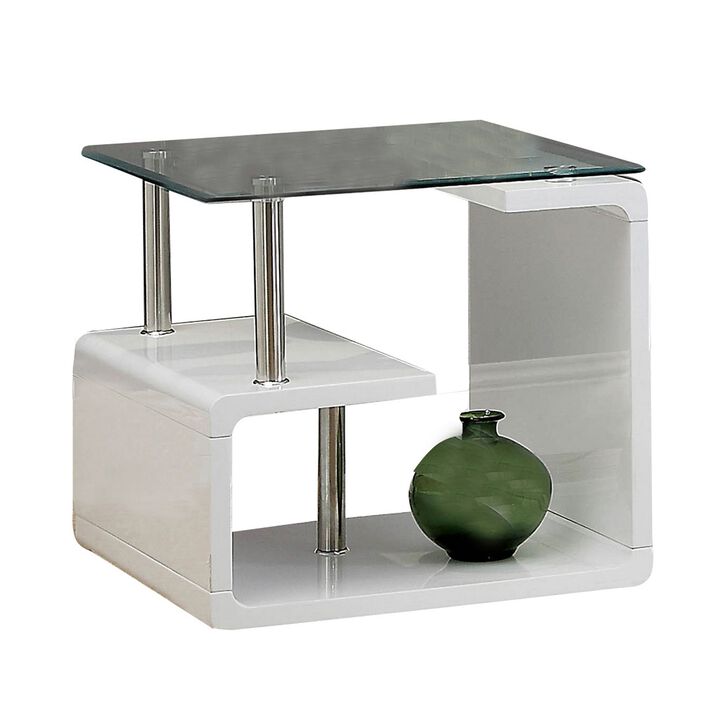 Contemporary End Table with Multi Level Curled Open Shelf, White-Benzara