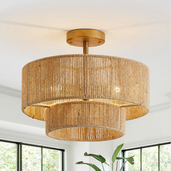 15" Bohemian Gold 2-Tier Hemp Rope Semi Flush Mount Ceiling Light