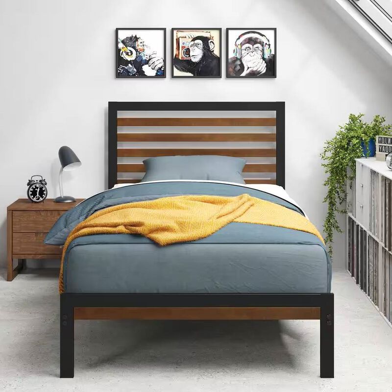 Student Dorm Metal Platform Bed Frame with Wood Slat Headboard