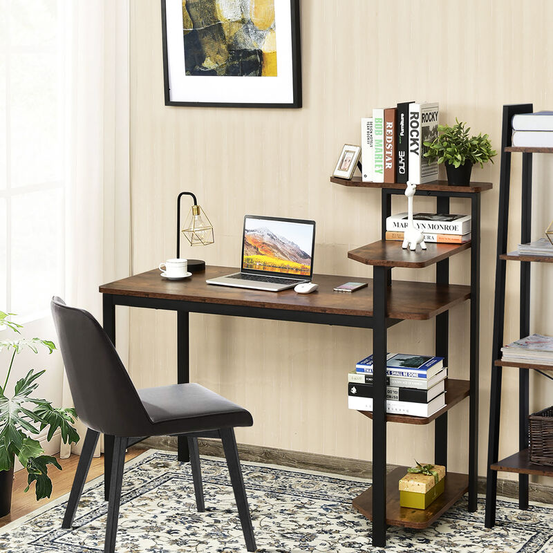 Costway Computer Desk Writing Study Table with Storage Shelves Home Office Rustic Brown image number 3