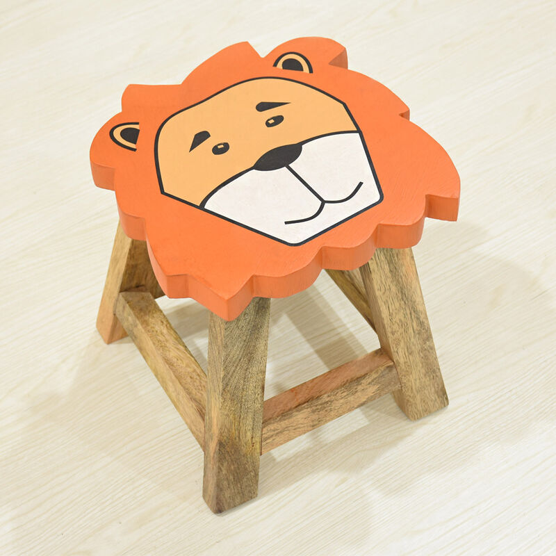 Handmade 100% Mango Wood Kids Yellow Color Lion Shaped Seat Indoor Stool
