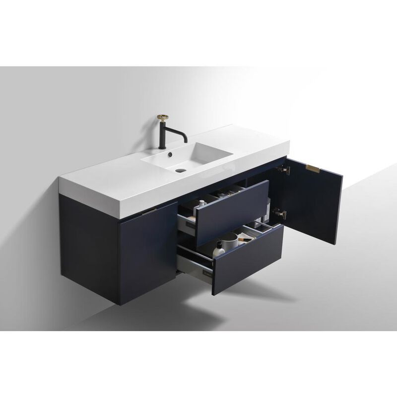 Kubebath Bliss 60 Single Sink Blue  Wall Mount Modern Bathroom Vanity