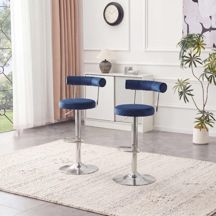 Set of 2 swivel bar stools, velvet upholstered adjustable height bar chair with open back, chrome base counter stools with footrest