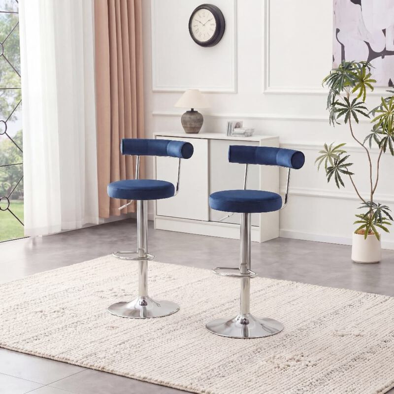 Set of 2 swivel bar stools, velvet upholstered adjustable height bar chair with open back, chrome base counter stools with footrest image number 1
