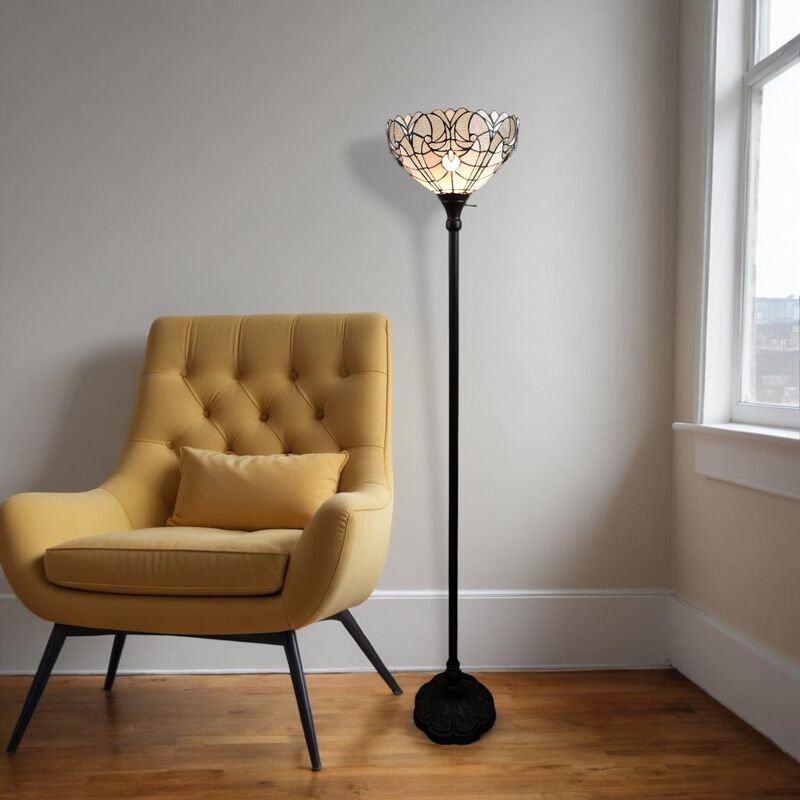 Hivvago 62" Brown Torchiere Floor Lamp With White Tiffany Style Glass Dome Shade