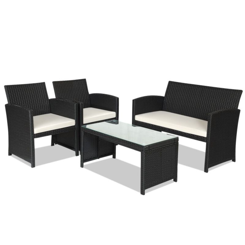 4 Pcs Wicker Conversation Furniture Set Patio Sofa and Table Set-White