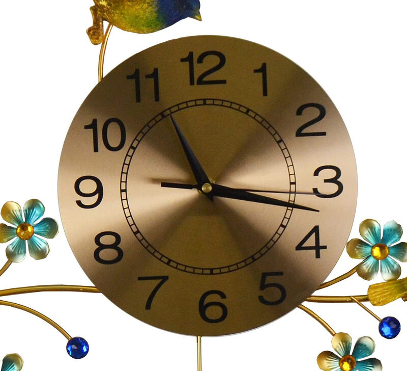 HomeRoots 24" Blue Green And Gold Metal Silent Pendulum Floral Wall Clock image number 2