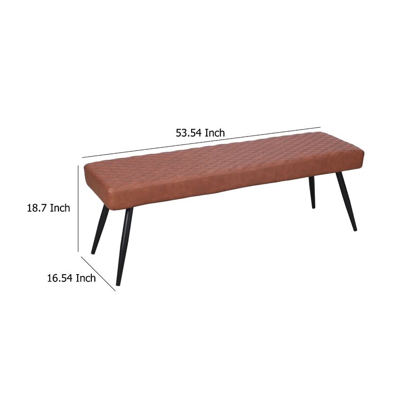 Lopi Dining Bench, 54 Inch Cognac Brown Faux Leather Seat, Metal Legs