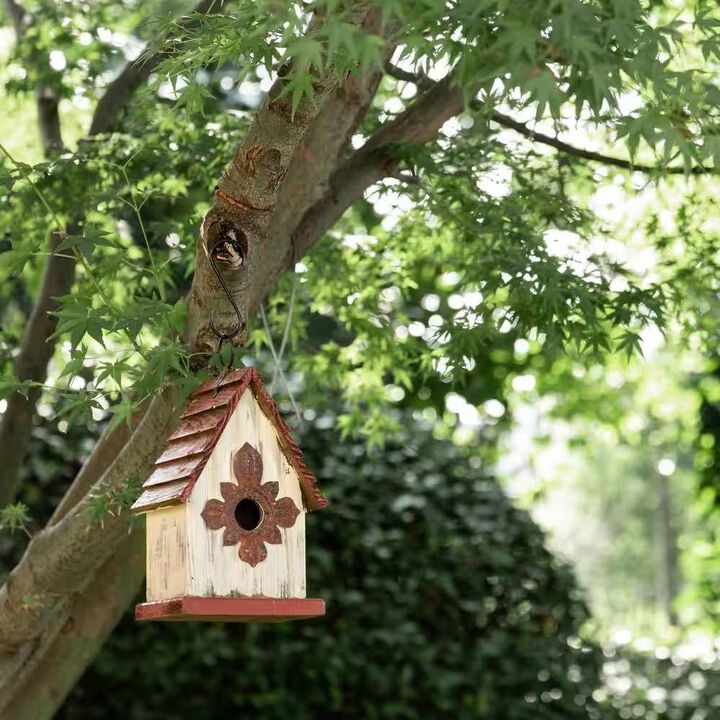 Solid Wood A-Frame Bird House with Terracotta Slatted Roof for Garden Use