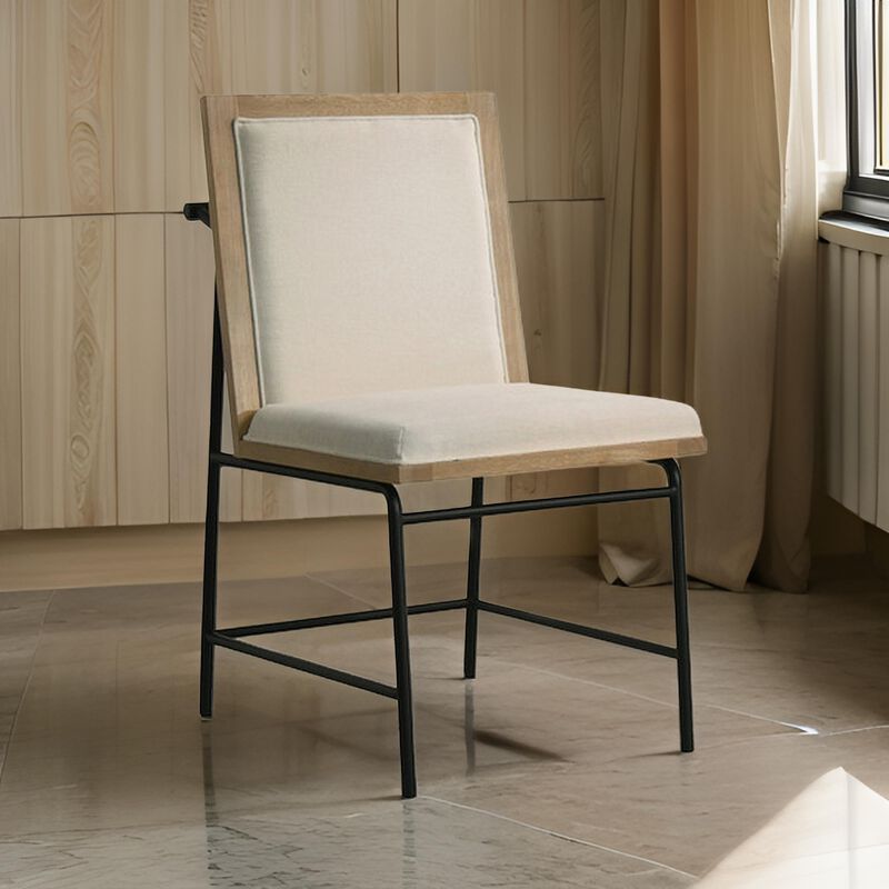 Tory 25 Inch Dining Chair Set of 2, Cream Fabric, Brown Wood, Black Metal - Benzara