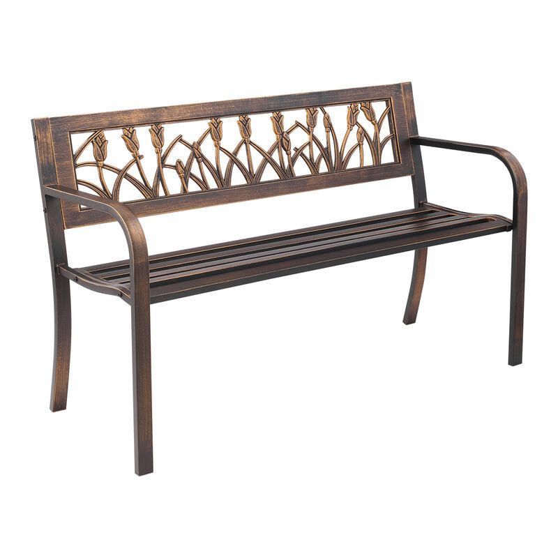 Antique Bronze Outdoor Bench with Floral Pattern, Metal Patio Garden Seating image number 8