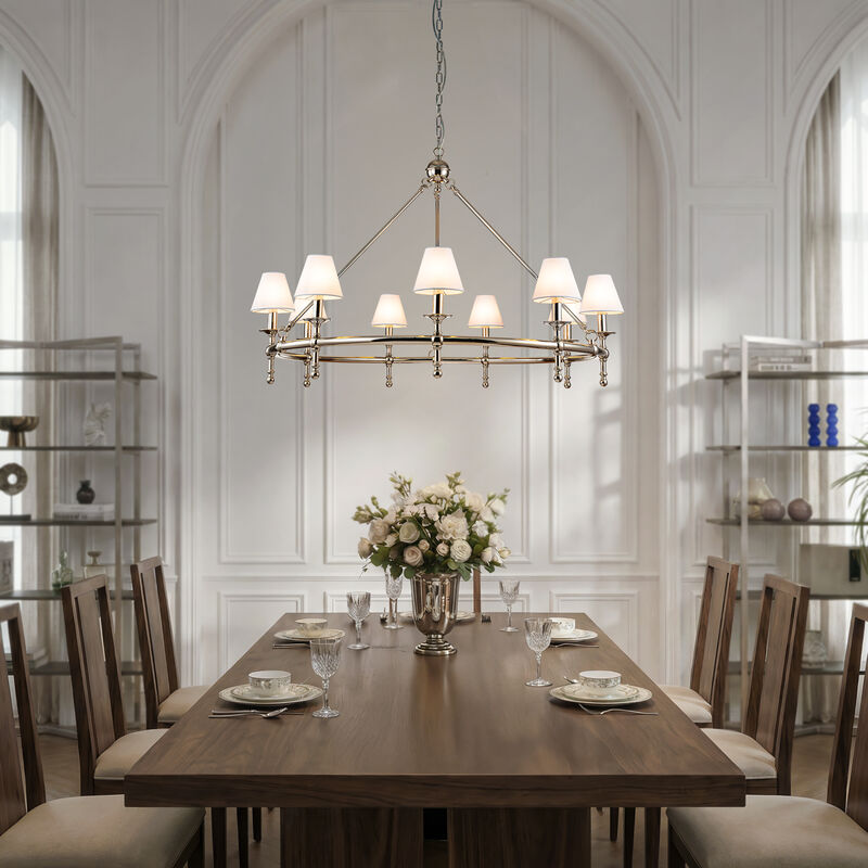 47'' 9-Light Extra Large Modern Polished Nickel Chandelier with White Fabric Shades For Dining Room or Living Room image number 3