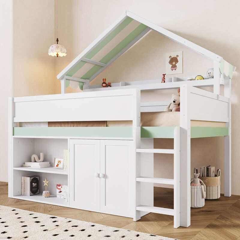 Merax Full Size Loft Bed with Canopy Roof and Storage Cabinet image number 3