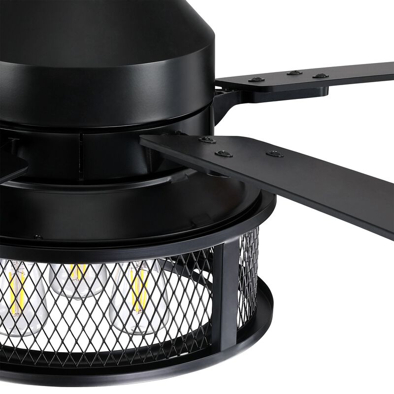52 in. Industrial Mesh Metal Reversible Blades Black Ceiling Fan with Light and Remote