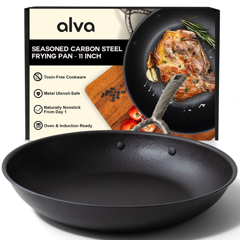 Alva Artist Carbon Steel Pan Pre-Seasoned with Natural Mineral Oil, Non Toxic Hammered Carbon Steel Nonstick Frying Pan Skillet for Searing Steak, Compatible with All Stovetops & Induction Safe