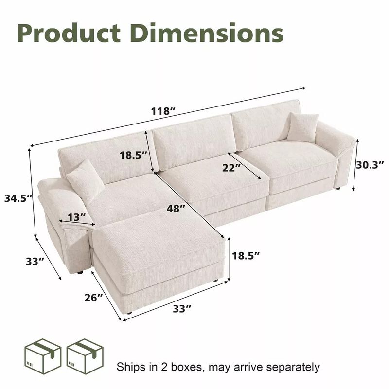Vipbear 118" Modular L-Shaped Cloud Couch with Movable Ottoman, Chenille Sectional Sofa Living Room image number 1